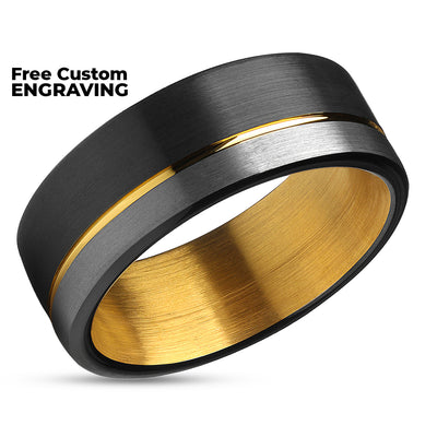 Black Wedding Band - Tungsten Wedding Ring - Yellow Gold Tungsten Ring - Black