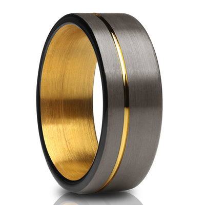 Black Wedding Ring - Yellow Gold Tungsten Ring - Gunmetal Wedding Ring - Ring