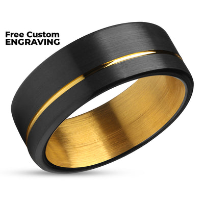Yellow Gold Tungsten Ring - Black Wedding Ring - Matte Finished Ring - Black Tungsten Ring