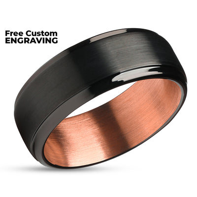 Black Tungsten Wedding Ring - Black Tungsten Wedding Band - Rose Gold Ring