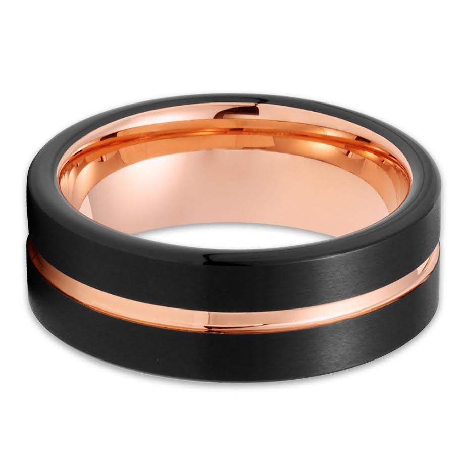 Rose Gold Tungsten Wedding Band - Black Tungsten Ring - Men & Women - Black Ring