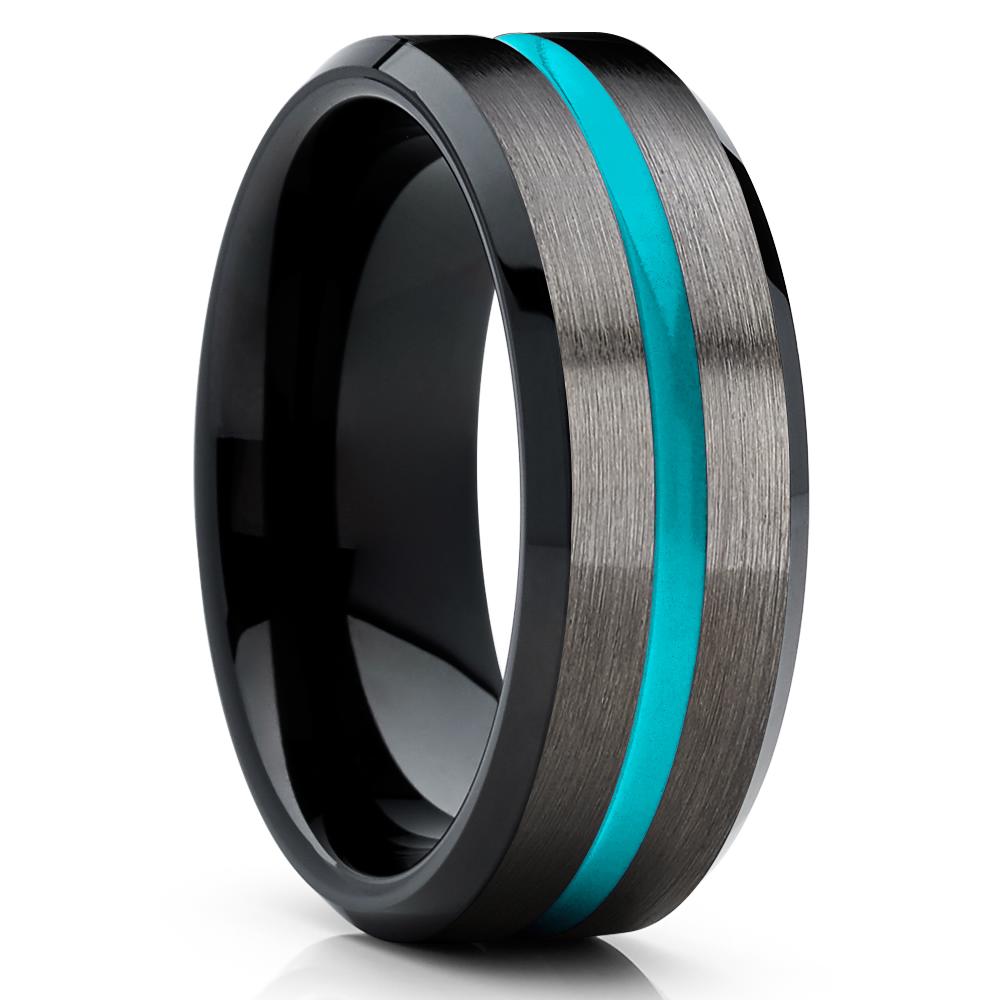 Gunmetal - Black Tungsten Band - Tungsten Wedding Band - Turquoise - Clean Casting Jewelry