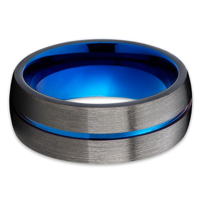Men's Blue Tungsten Ring - Women's Tungsten Wedding Band - Gunmetal Ring - Brush