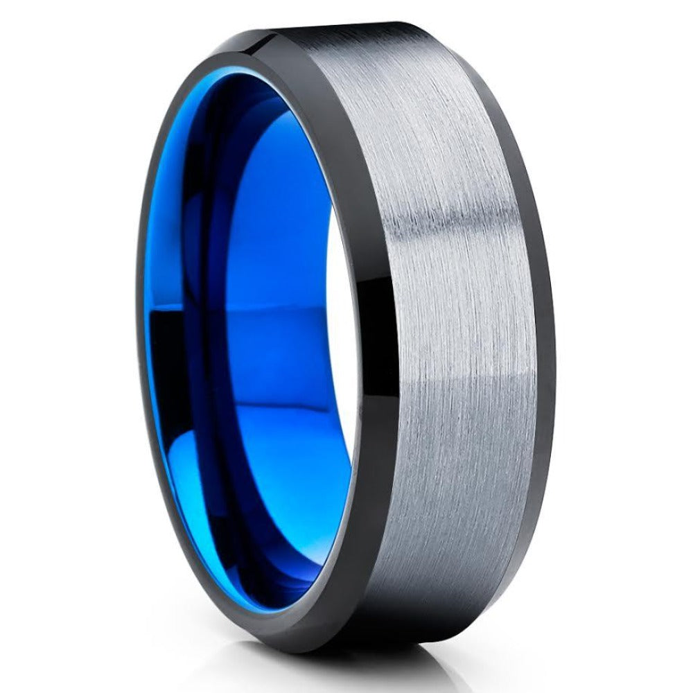 Blue Wedding band - Black Tungsten Ring - Tungsten Carbide Ring - Blue Band - Black