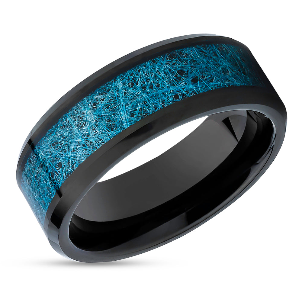 Meteorite Tungsten Wedding Ring - Blue Meteorite Ring - Black Wedding Ring - Meteorite Ring
