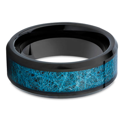 Meteorite Tungsten Wedding Ring - Blue Meteorite Ring - Black Wedding Ring - Meteorite Ring