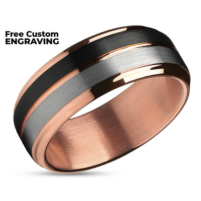 Black Wedding Band - Rose Gold Wedding Ring - Black Tungsten Ring - Rose Gold Band