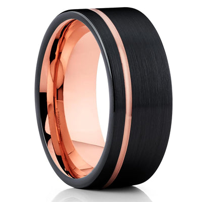 Black Tungsten Wedding Band - Rose Gold - 8mm Tungsten Ring - Brush - Clean Casting Jewelry