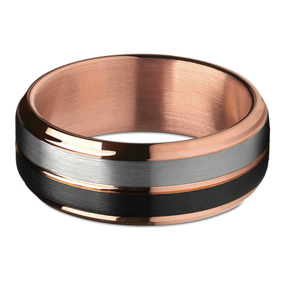 Black Wedding Band - Rose Gold Wedding Ring - Black Tungsten Ring - Rose Gold Band