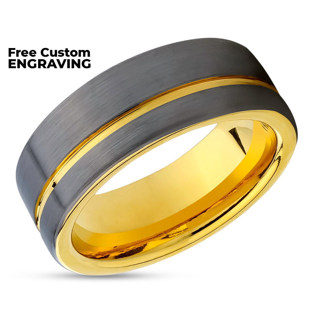Yellow Gold Gunmetal Ring - 8mm Wedding Ring - Man's Ring - Woman's Ring - Tungsten Ring