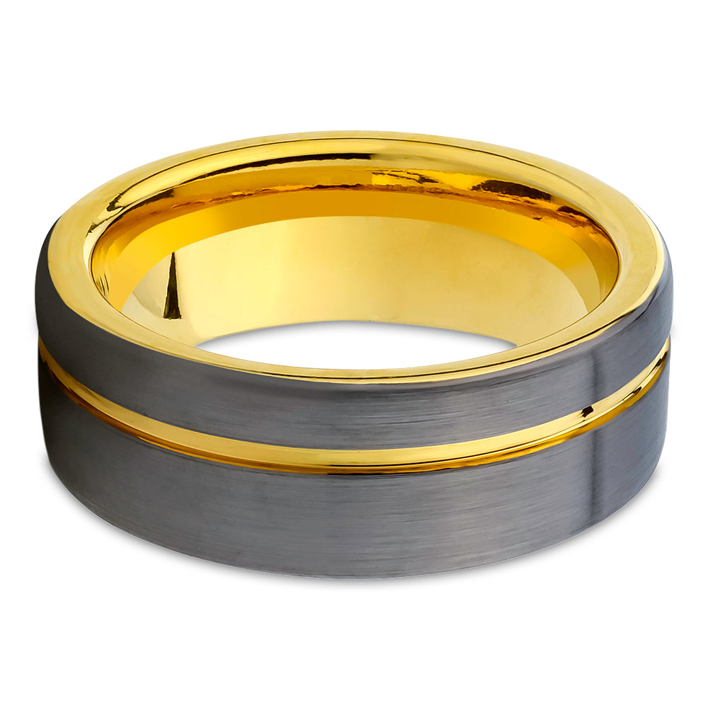 Yellow Gold Gunmetal Ring - 8mm Wedding Ring - Man's Ring - Woman's Ring - Tungsten Ring