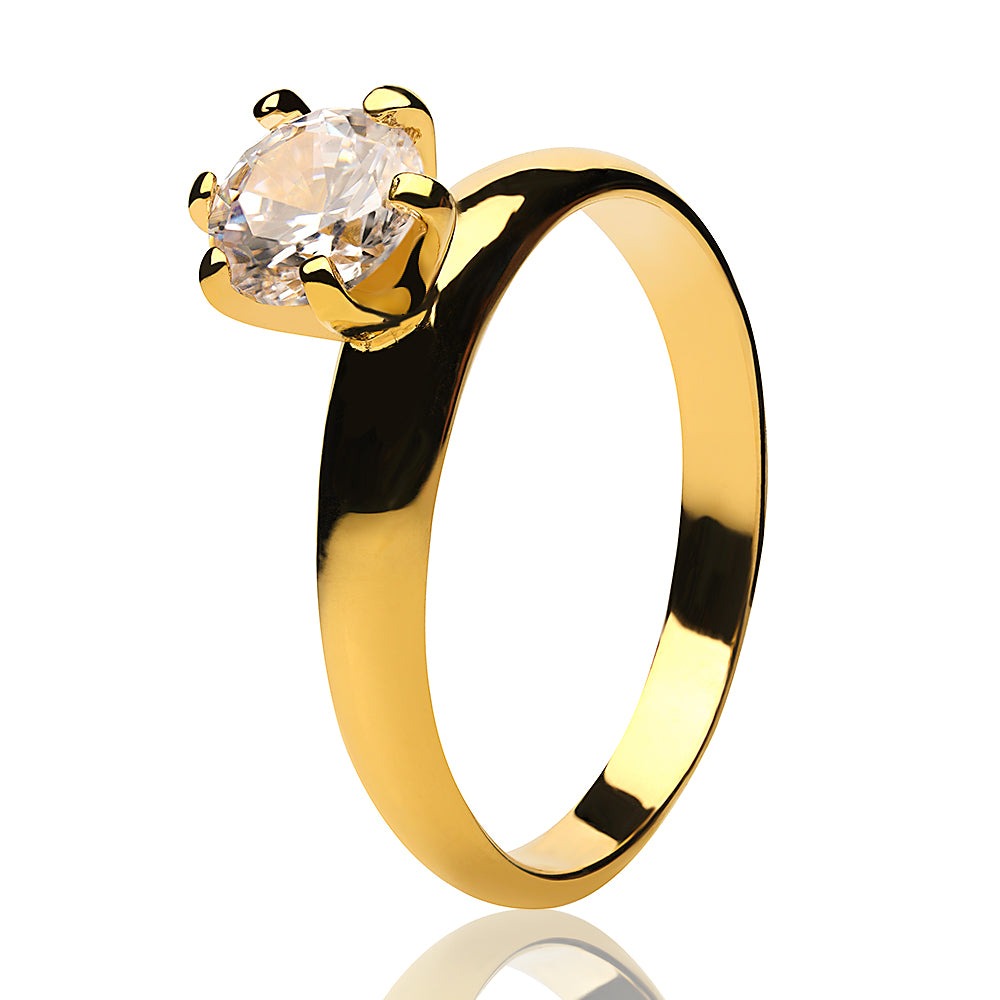 Yellow Gold Solitaire Ring - White CZ Ring - Solitaire Wedding Ring - Ladies Solitaire Ring