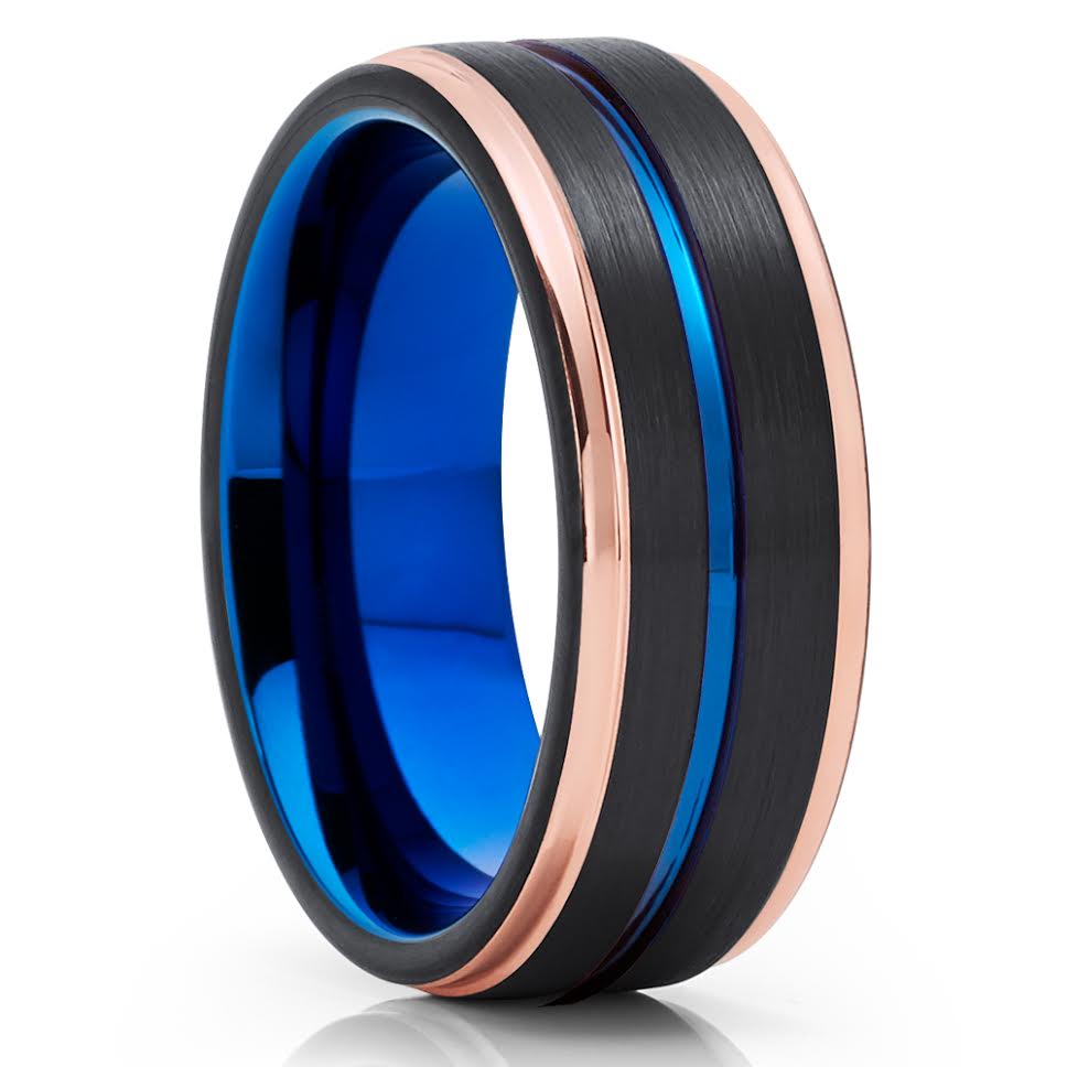 Rose Gold Tungsten Ring - Blue Tungsten Wedding Ring - Black Tungsten - Brush Ring