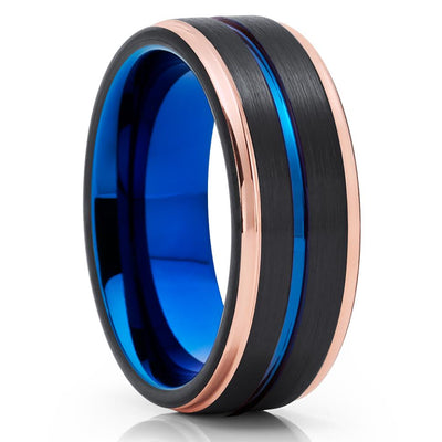 Rose Gold Tungsten Ring - Blue Tungsten Wedding Ring - Black Tungsten - Brush Ring