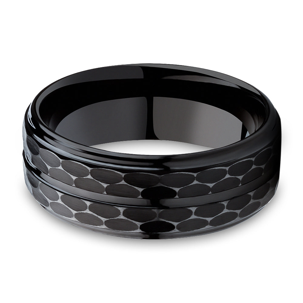 Black Tungsten Ring - 8mm Wedding Ring - Hammered Black Tungsten Ring - Black Wedding Ring