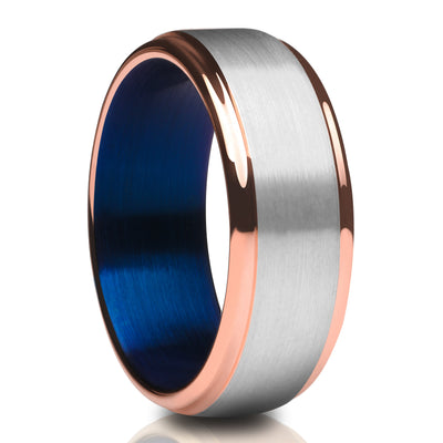 Rose Gold Wedding Ring - Blue Tungsten Ring - Tungsten Wedding Ring - Gray Ring