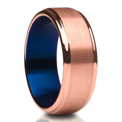 Rose Gold Wedding Ring - Blue Tungsten Ring - Rose Gold Wedding Band - Blue Ring