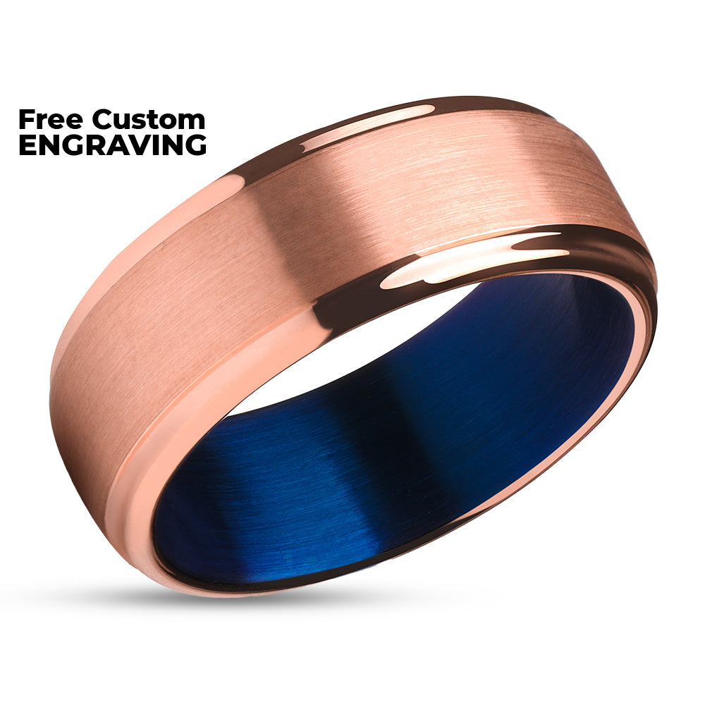 Rose Gold Wedding Ring - Blue Tungsten Ring - Rose Gold Wedding Band - Blue Ring