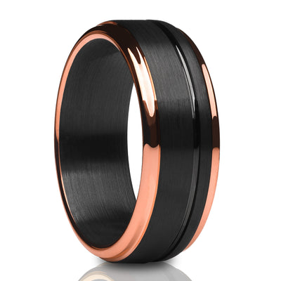 Black Wedding Ring - Rose Gold Tungsten Ring - Black Tungsten Ring - Black Ring