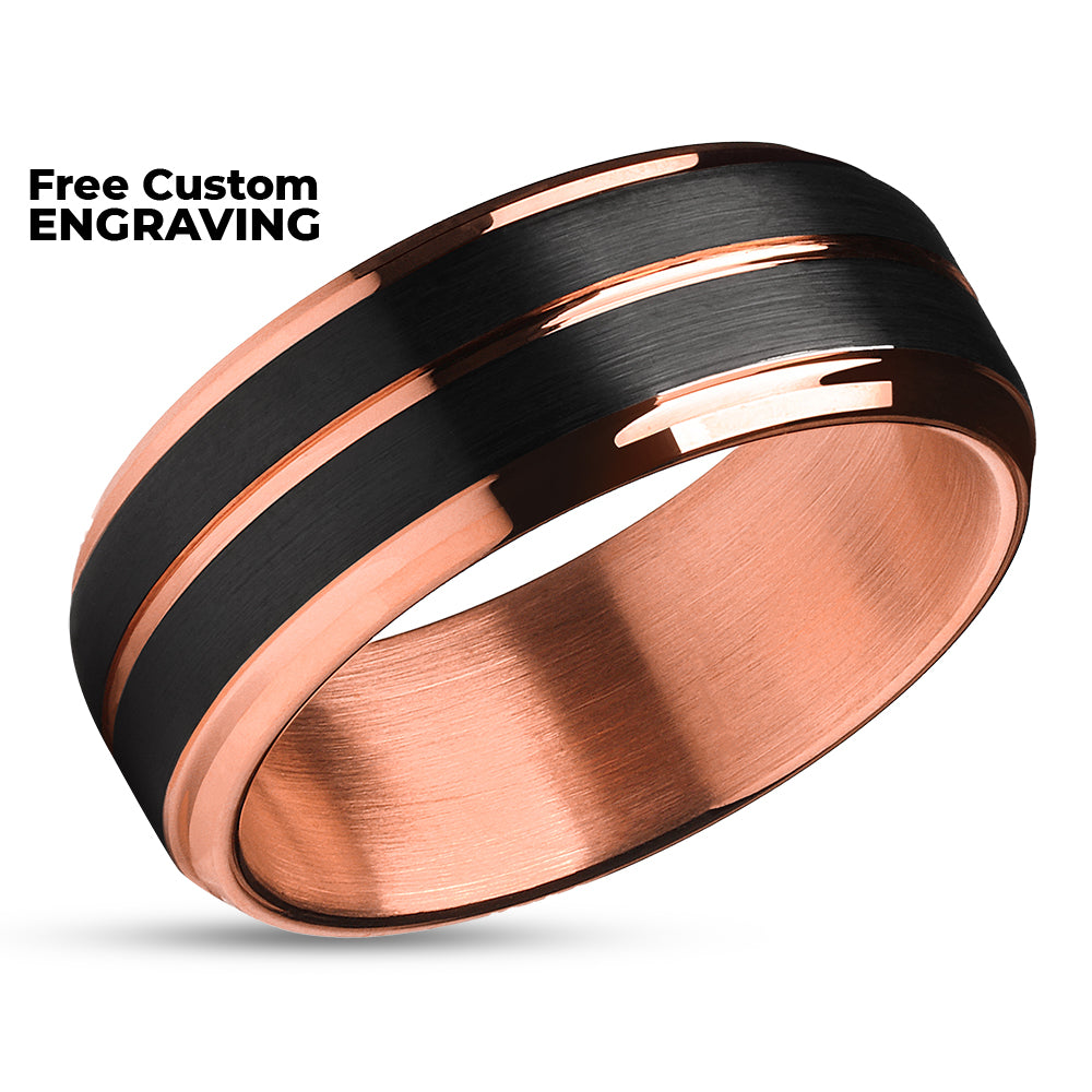 Rose Tungsten Wedding Band - Rose Gold Wedding Ring - Black Tungsten Ring