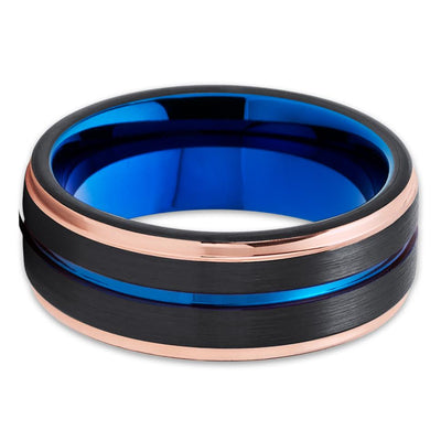 Rose Gold Tungsten Ring - Blue Tungsten Wedding Ring - Black Tungsten - Brush Ring