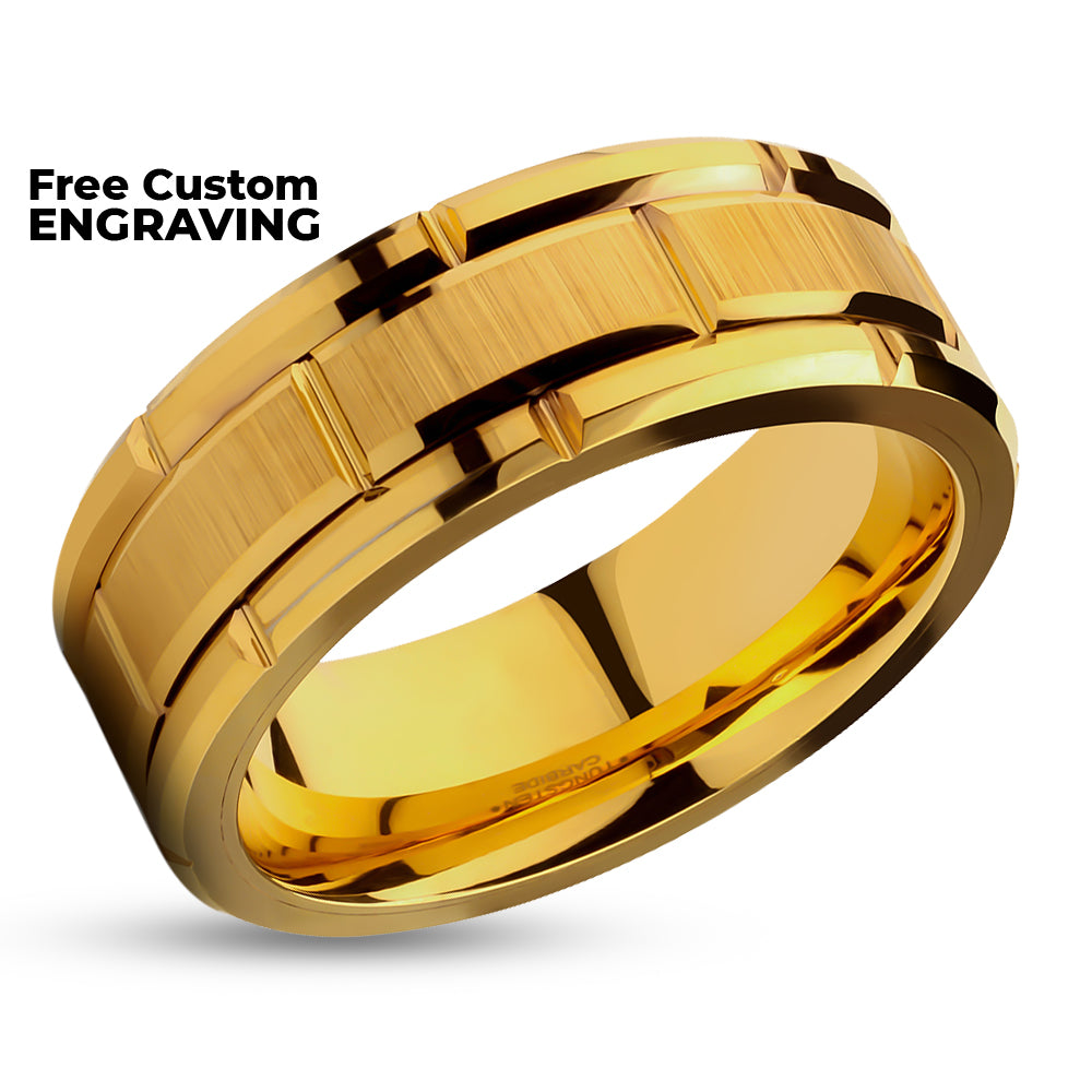 Yellow Gold Tungsten Ring - Unique Wedding Ring - 8mm Yellow Gold Ring - Tungsten Carbide