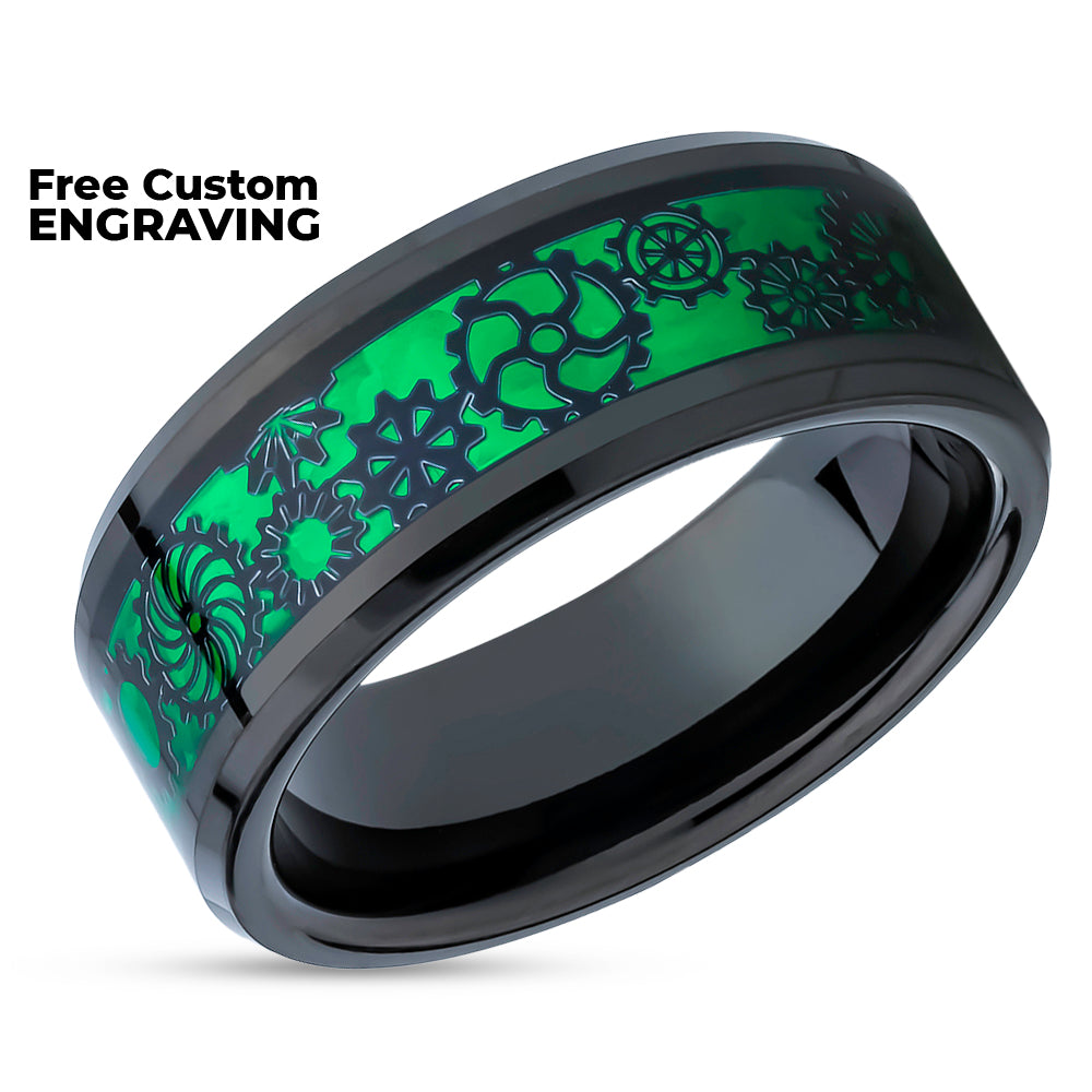 Gear Tungsten Wedding Ring - Green Tungsten Ring - Gear Wedding Band - 8mm Ring