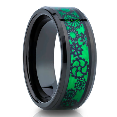 Gear Tungsten Wedding Ring - Green Tungsten Ring - Gear Wedding Band - 8mm Ring