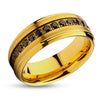 Yellow Gold Tungsten Ring - Black CZ Wedding Ring - Man's Wedding Ring - Tungsten Carbide