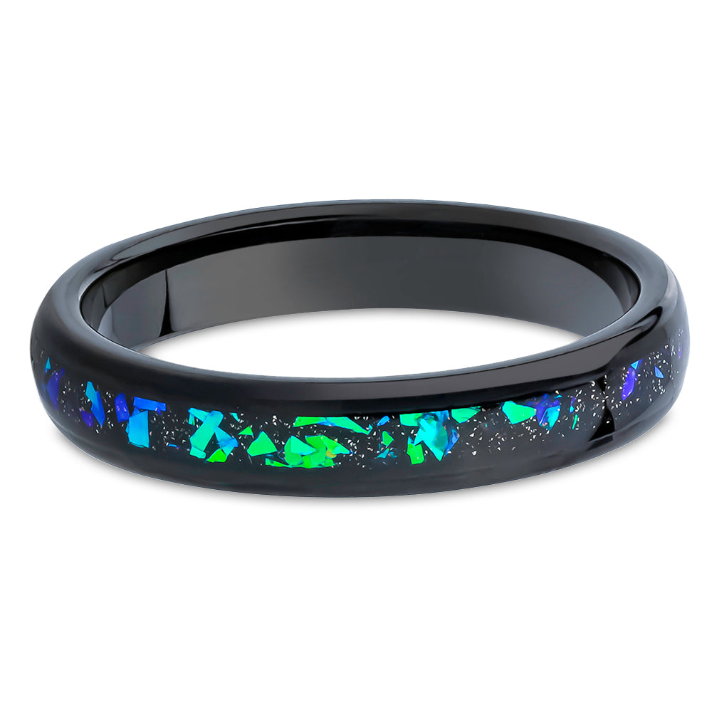Galaxy Opal Wedding Ring - 4mm Wedding Ring - Black Tungsten Ring - 4mm Wedding Ring