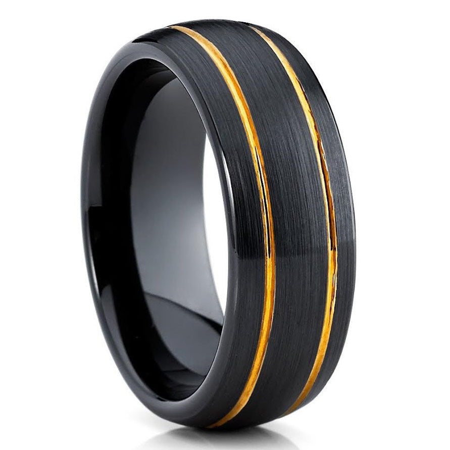 Black Zirconium Wedding Ring - Yellow Gold Ring - Zirconium Wedding Band - 14k Yellow Gold