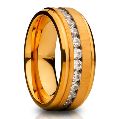 Yellow Gold Titanium Wedding Ring - Wedding Ring - Wedding Band - 8mm - CZ Wedding Ring