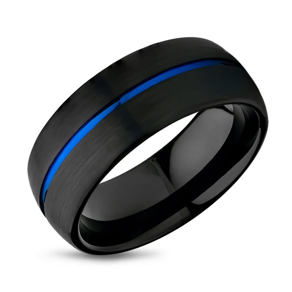 Blue Tungsten Wedding Ring - Black Tungsten Ring - Center Groove - Black Wedding Ring