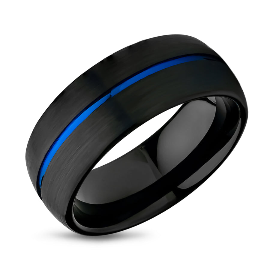 Blue Tungsten Wedding Ring - Black Tungsten Ring - Center Groove - Black Wedding Ring