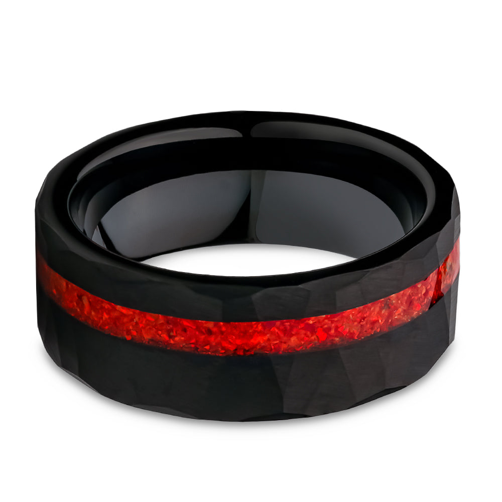 Galaxy Opal Wedding Ring - Black Tungsten Wedding Ring - 8mm Galaxy Ring - Red Opal Ring