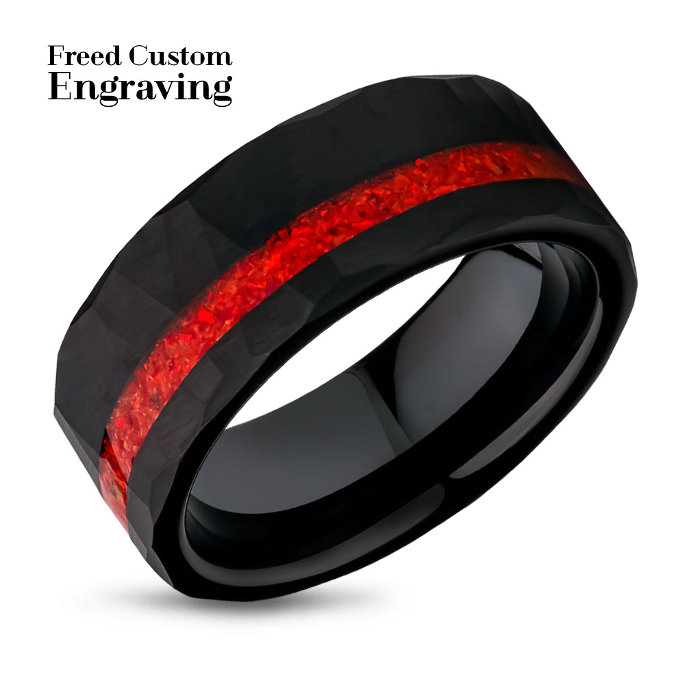 Galaxy Opal Wedding Ring - Black Tungsten Wedding Ring - 8mm Galaxy Ring - Red Opal Ring