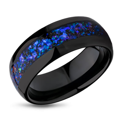Galaxy Opal Tungsten Wedding Ring - Blue Galaxy Opal Ring - Black Tungsten Ring - Engagement Ring