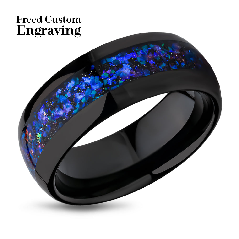 Galaxy Opal Tungsten Wedding Ring - Blue Galaxy Opal Ring - Black Tungsten Ring - Engagement Ring