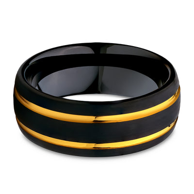 Black Tungsten Wedding Ring - Yellow Gold Wedding Ring - 8mm Wedding Ring - Man's Wedding Ring