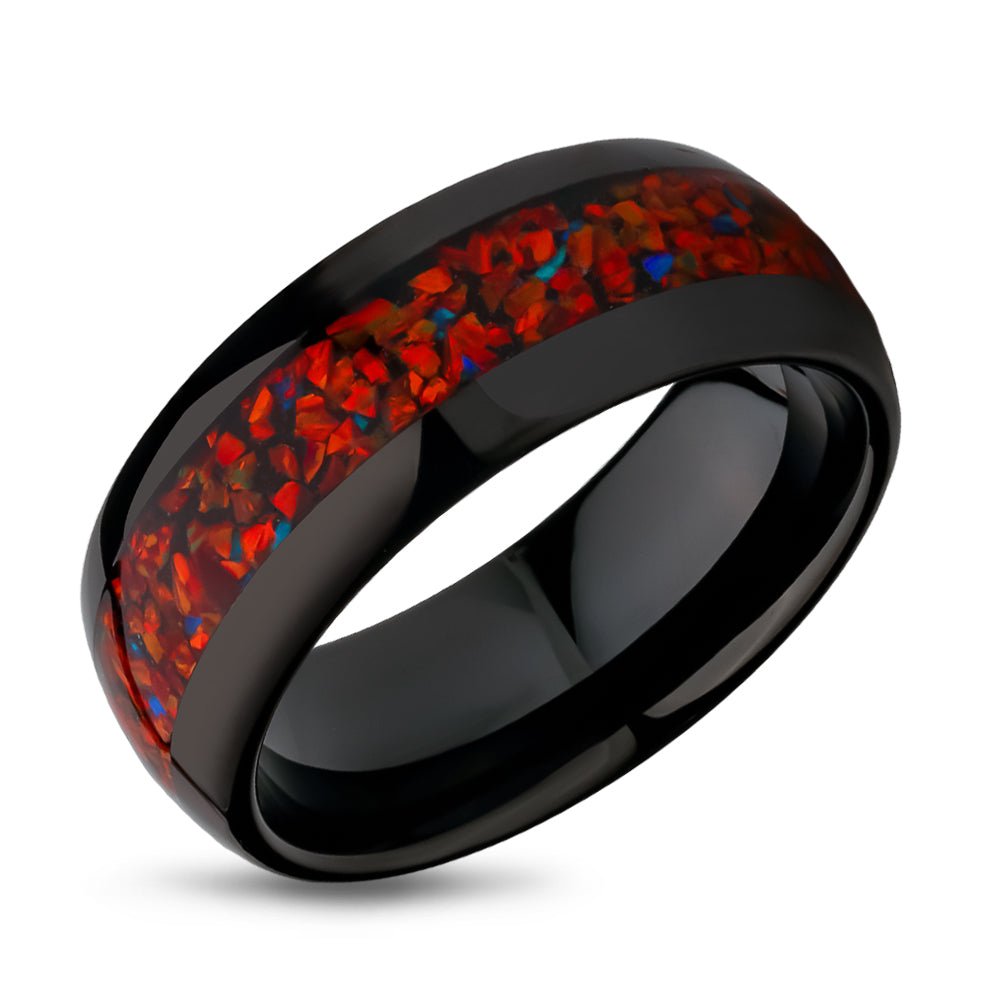 Red Galaxy Opal Tungsten Wedding Ring - Black Tungsten Ring - Engagement Ring - Galaxy Ring