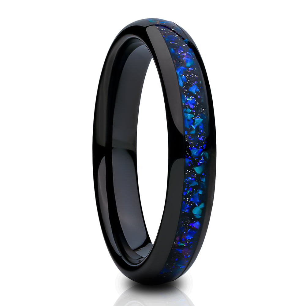 4mm Wedding Ring - Blue Galaxy Opal Wedding Ring - Black Tungsten Ring - Wedding Band - Galaxy Ring