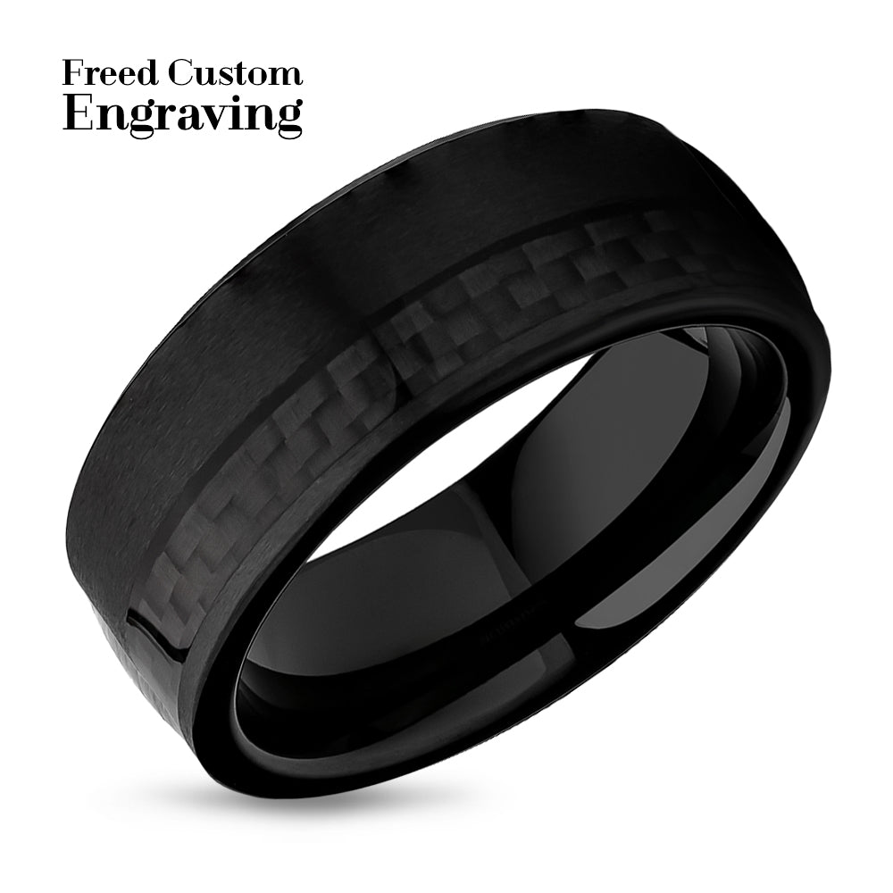 Black Wedding Ring - Carbon Fiber Tungsten Ring - Engagement Ring - 8mm Wedding Ring - Man & Woman