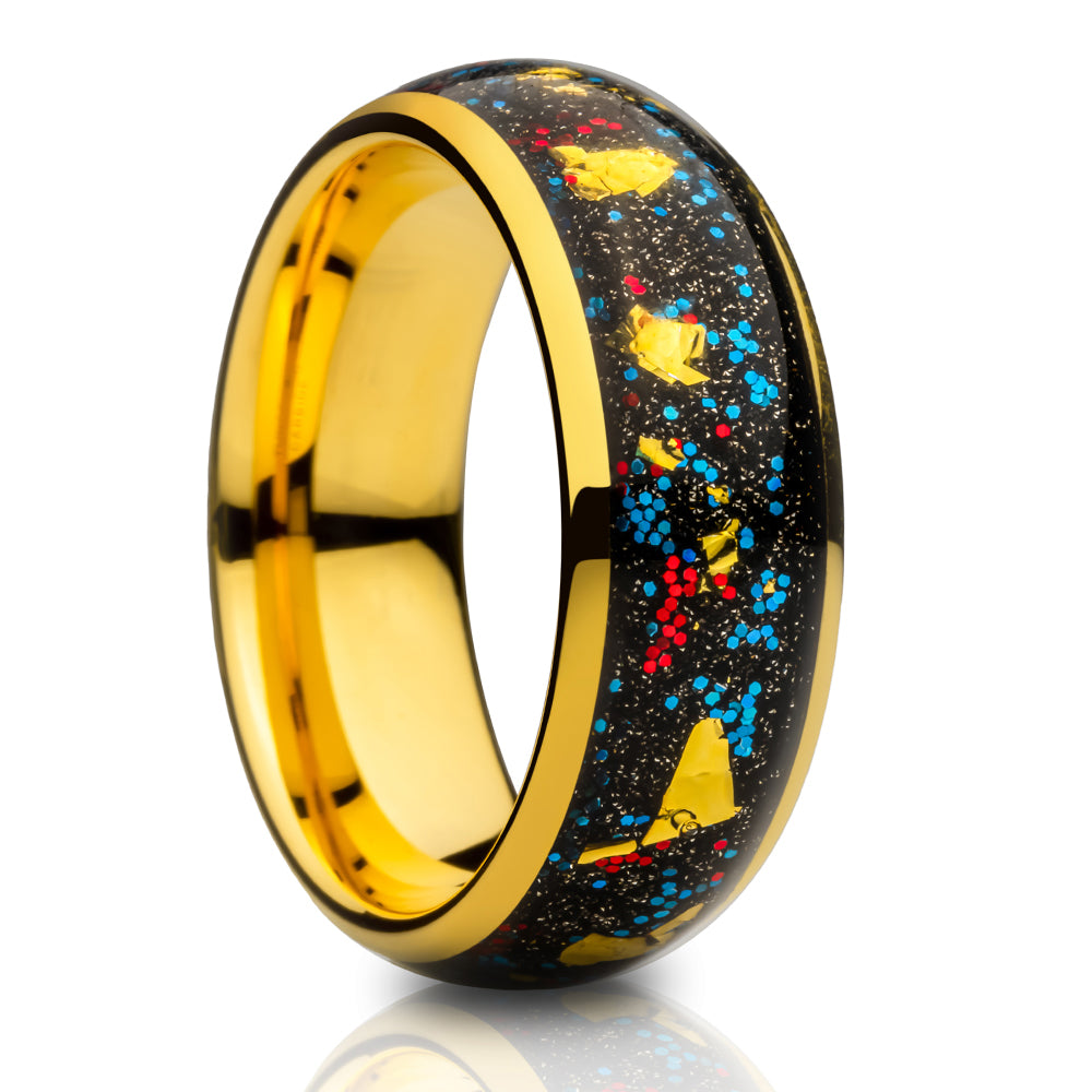Gold Wedding Ring - Gold Flat Inlay - Dome Wedding Ring - Tungsten Carbide Ring - 8mm