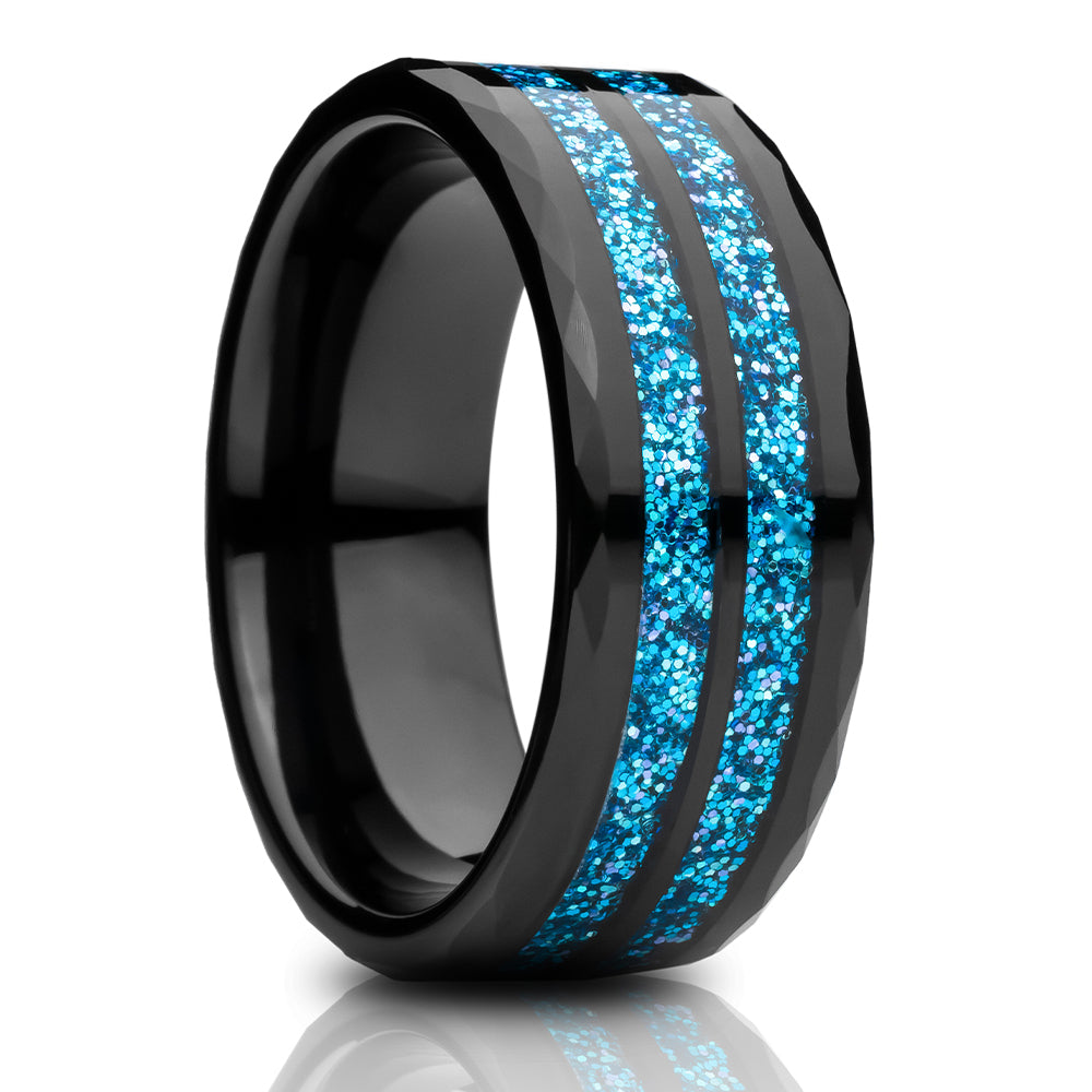 Black Tungsten Wedding Ring - Glitter Ring - Tungsten Carbide - Engagement Ring - Blue Glitter
