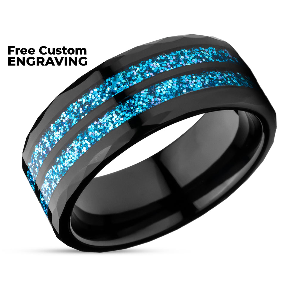 Black Tungsten Wedding Ring - Glitter Ring - Tungsten Carbide - Engagement Ring - Blue Glitter