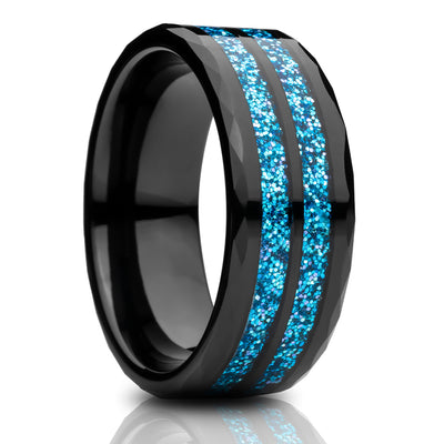 Black Tungsten Wedding Ring - Glitter Ring - Tungsten Carbide - Engagement Ring - Blue Glitter
