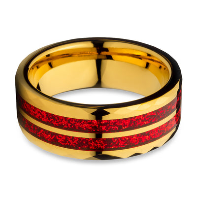 Yellow Gold Glitter Ring - Diamond Cut Wedding Ring - Red Inlay Ring - 8mm Wedding Band