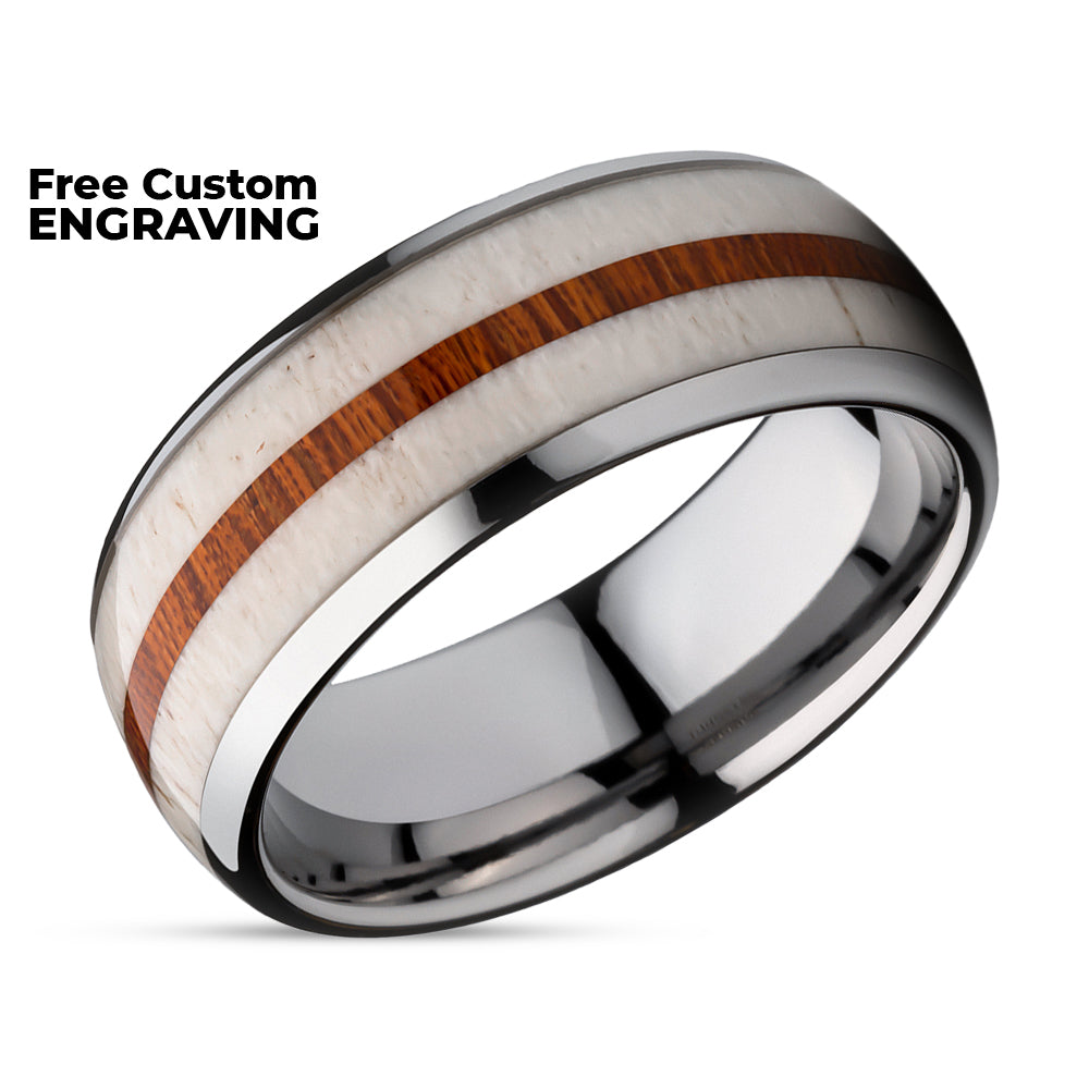 Deer Antler Wedding Ring - Koa Wood Wedding Ring - Tungsten Carbide Ring - 8mm Wedding Ring - Hunter