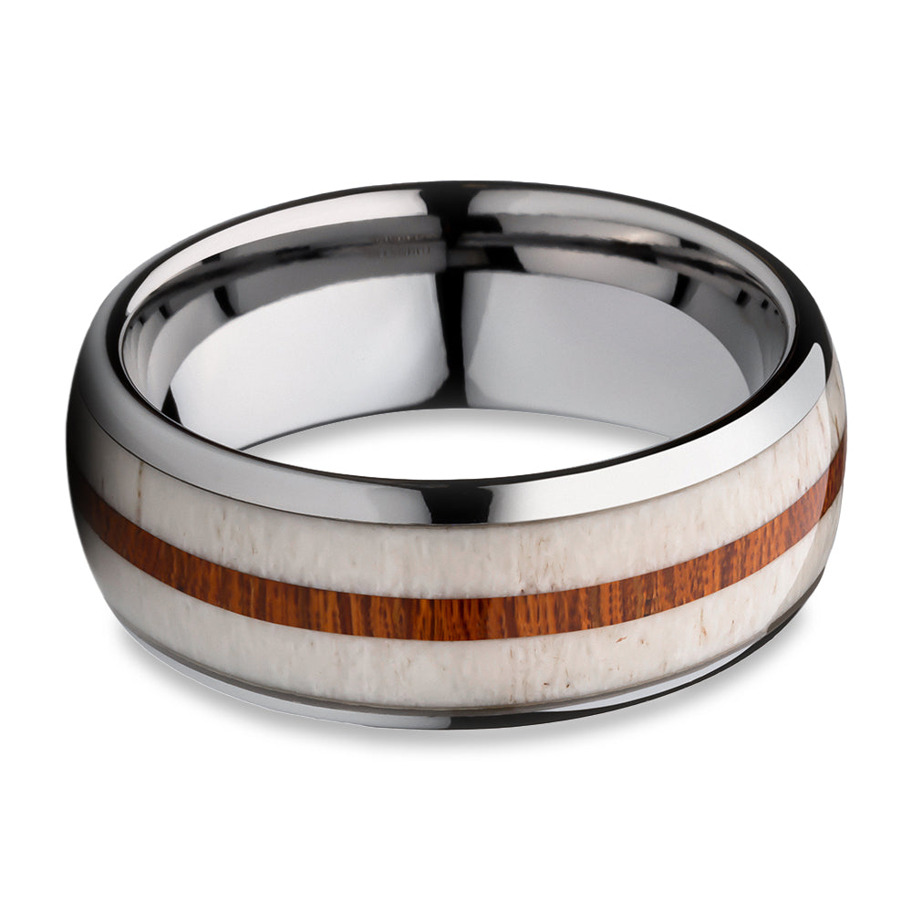 Deer Antler Wedding Ring - Koa Wood Wedding Ring - Tungsten Carbide Ring - 8mm Wedding Ring - Hunter
