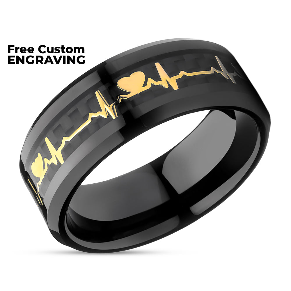 Heartbeat Tungsten Ring - Black Tungsten Ring - Engagement Ring - Tungsten Carbide Ring - Gold Ring